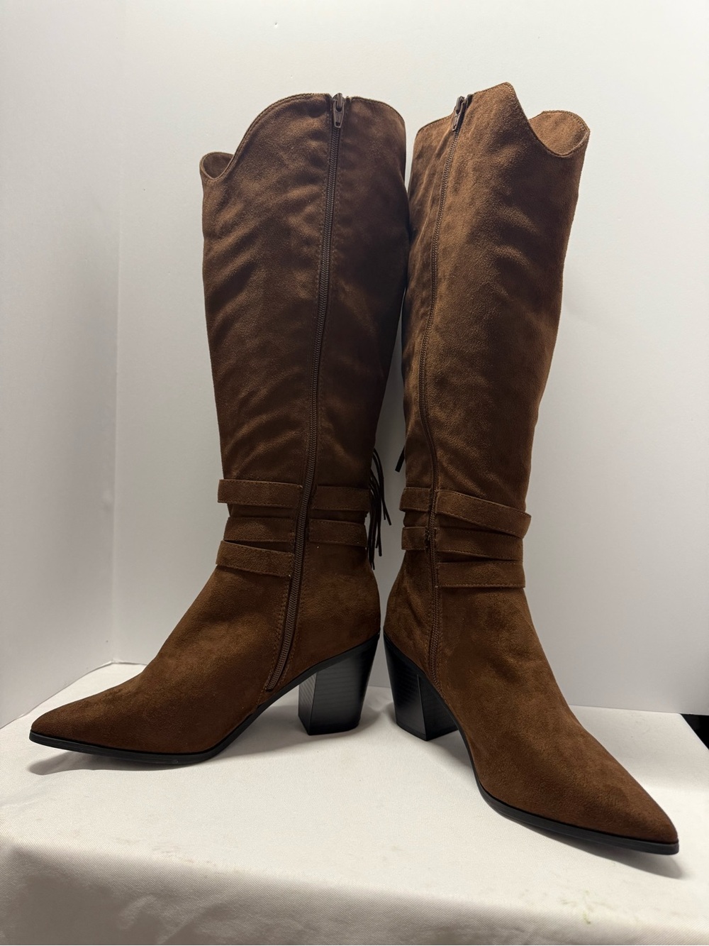 Cato Brown Suede Fringe Mid-Calf Heeled Boots - Picture 4 of 6